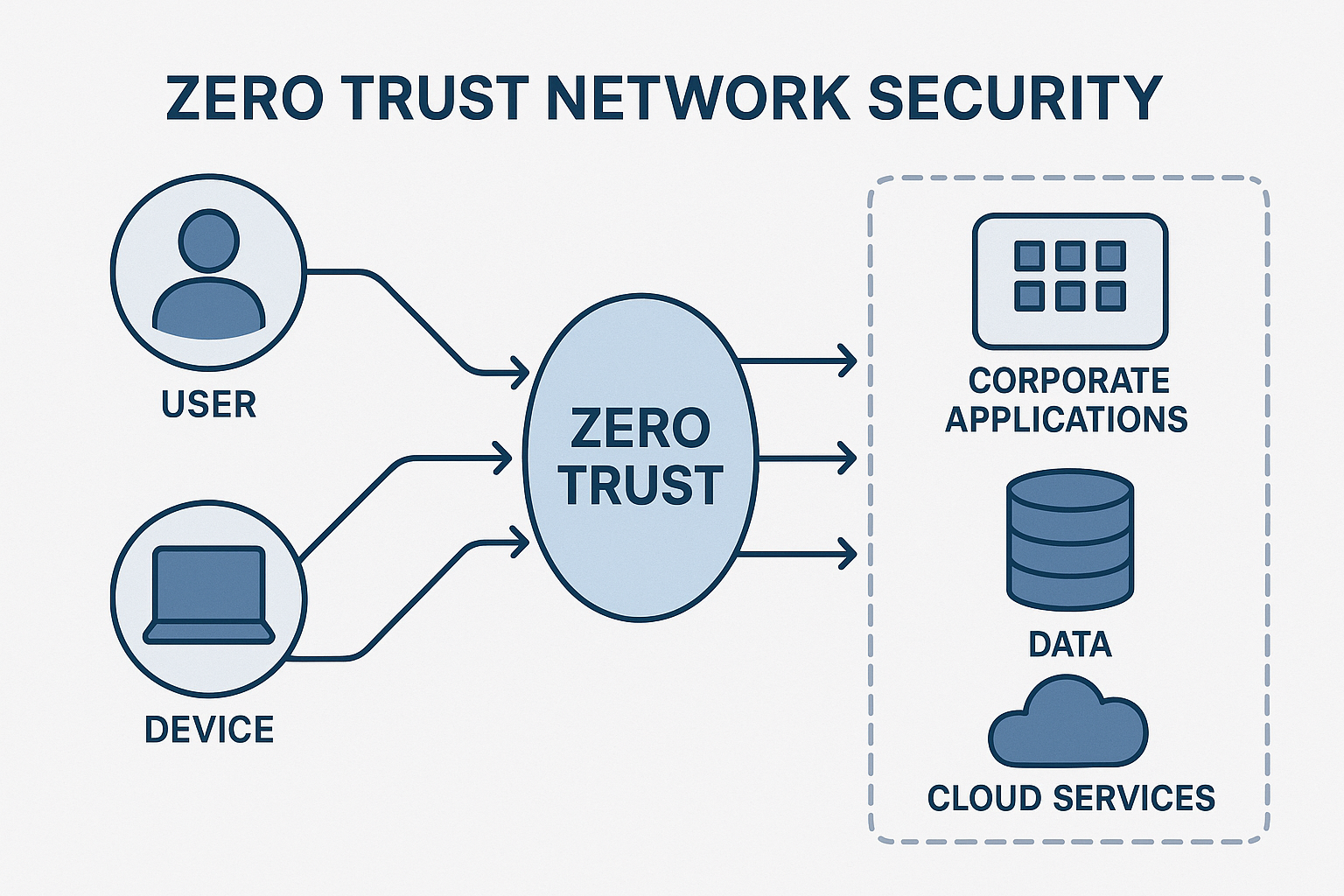 Illustration showing Zero Trust Network Security concept with user, device, and cloud services